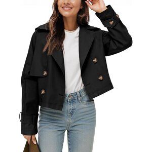 Womens Black  Cropped Trench Coat Lapel Double Breasted Short Jacket Outwear